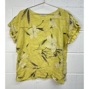 Bellambia 100% Linen Sz L Yellow Floral Artsy Short Sleeve Made Italy Lagenlook